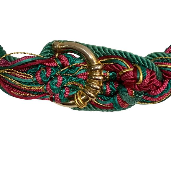 80s Boho Gypsy Teal Fuchsia and Gold Cord Knot Obi Belt - Picture 4 of 8